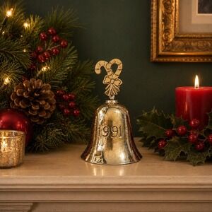 International Silver Christmas Bell "1991" Candy Cane Handle India Silver-Plated